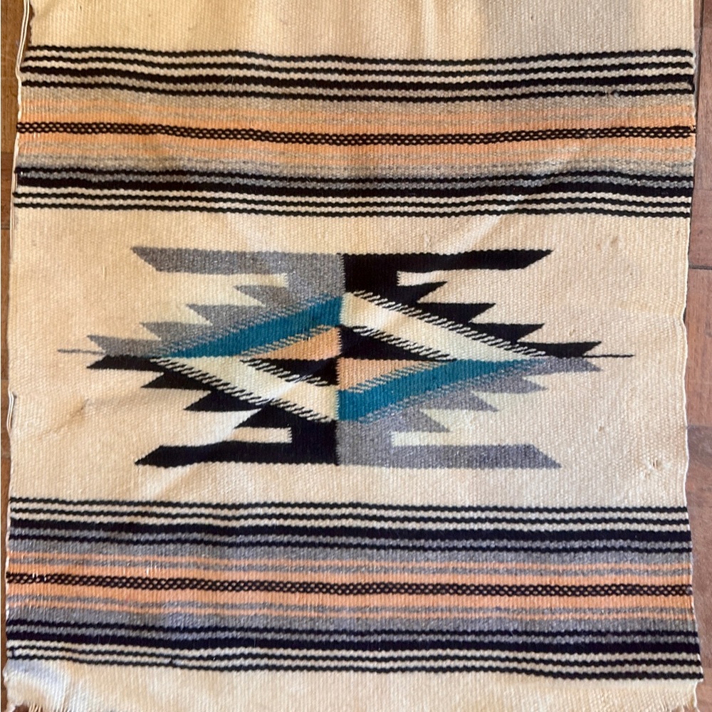 Southwestern Diamond Woven Rug Runner in Cream, Teal & Black